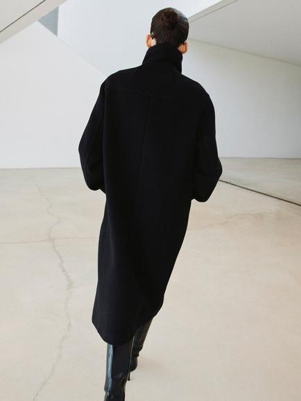 Mango Funnel Neck Double Breasted Wool Blend Coat, Black - view 2, Black