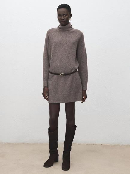 Mango Roll Neck Jumper Mini Dress, Taupe, Taupe