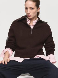 Mango Zip Neck Ribed Sweatshirt, Chocolate, Chocolate