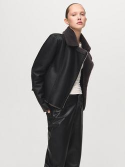 Mango Plush Collar Faux Leather Biker Jacket, Black, Black