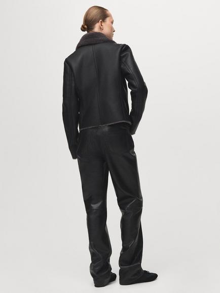 Mango Plush Collar Faux Leather Biker Jacket, Black - view 2, Black