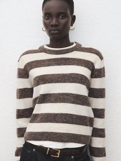 Mango Crew Neck Stripe Jumper, Brown, Brown