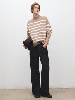 Mango High Neck Oversized Stripe Jumper, Stone, Stone