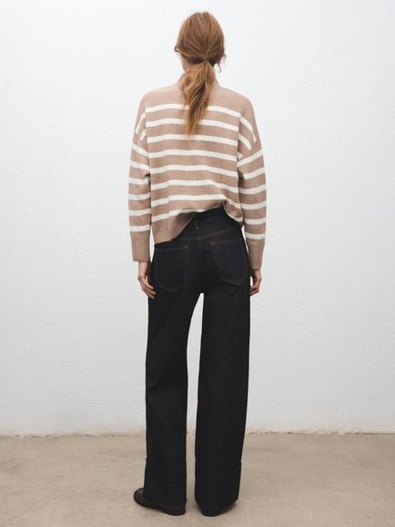 Mango High Neck Oversized Stripe Jumper, Stone - view 2, Stone