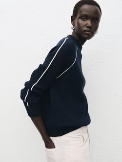 Mango High Neck Stripe Sleeve Jumper, Navy