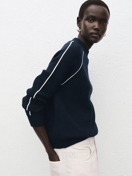 Mango High Neck Stripe Sleeve Jumper, Navy