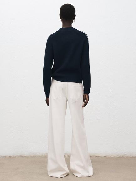 Mango High Neck Stripe Sleeve Jumper - view 2, Navy