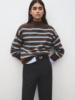 Mango Oversized High Neck Stripe Jumper, Brown/Blue, Brown/Blue