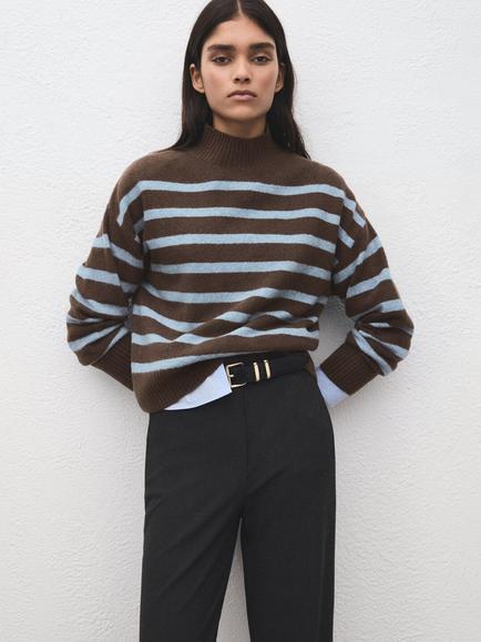 Mango Oversized High Neck Stripe Jumper, Brown/Blue, Brown/Blue