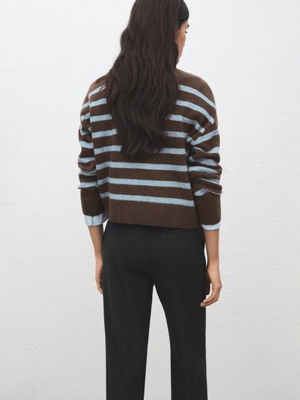 Mango Oversized High Neck Stripe Jumper, Brown/Blue - view 2, Brown/Blue
