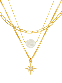 Orelia Pearl & Pavé Starburst Three Row Necklace, Gold, Gold
