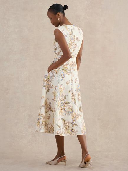 Hobbs Uma Paisley Print Linen Blend Dress, Cream/Multi - view 2, Cream/Multi