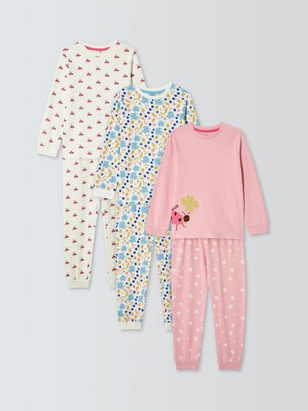 John Lewis Kids' Flowers Pyjamas, Pack of 3, Pink, Pink