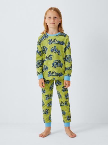 John Lewis Pure Cotton Long Sleeve Vehicle Print Pyjama Set, Green, Green