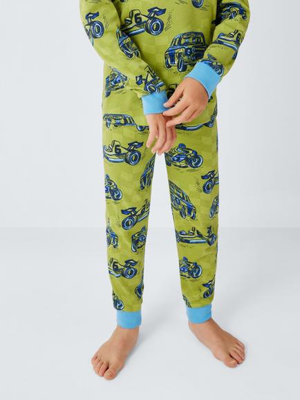 John Lewis Pure Cotton Long Sleeve Vehicle Print Pyjama Set, Green - view 2, Green