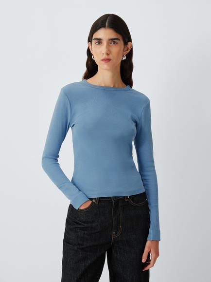 AND/OR Ribbed Stretch Cotton Long Sleeve Top, Blue