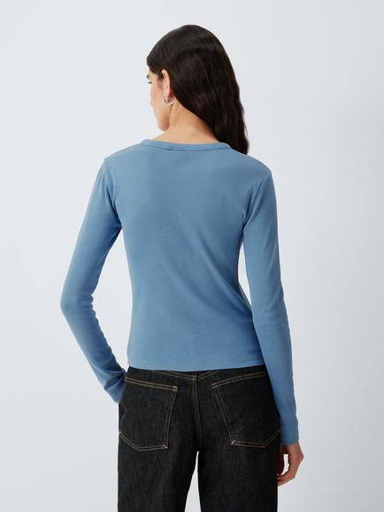AND/OR Ribbed Stretch Cotton Long Sleeve Top - view 2, Blue
