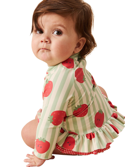 MORI Baby Sunsafe Strawberry & Stripe Print Long Sleeve Swimsuit, Multi - view 2, Multi