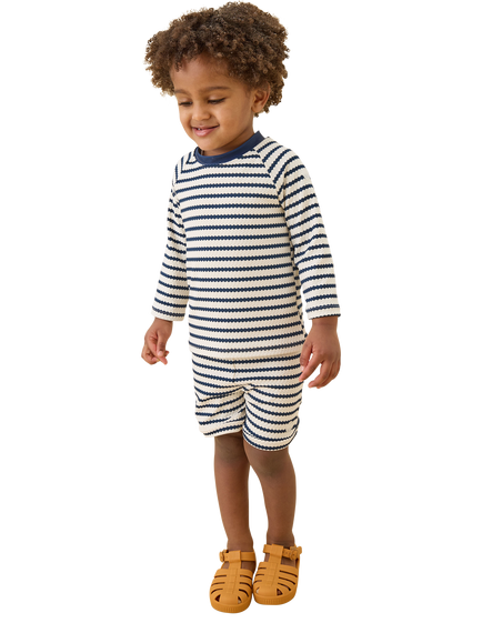 MORI Baby Wave Print Swim Shorts, Dark Blue Stripe - view 2, Dark Blue Stripe