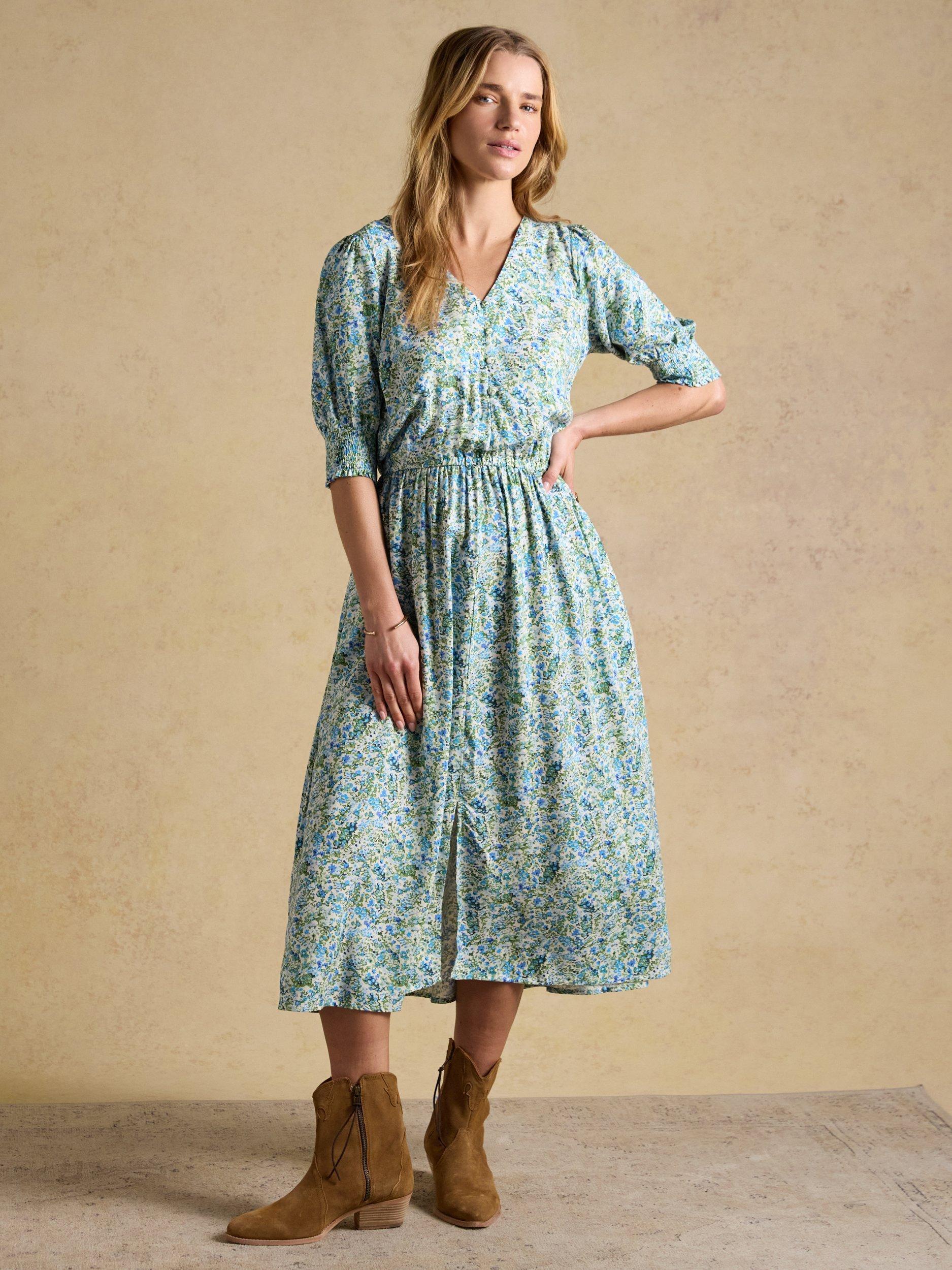 joules green floral dress Esme Green Shirred Midi Dress