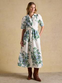 Joules Floral Knit Front Linen Rich Midi Dress, White/Blue, White/Blue