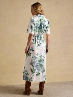 Joules Floral Knit Front Linen Rich Midi Dress, White/Blue - view 2, White/Blue