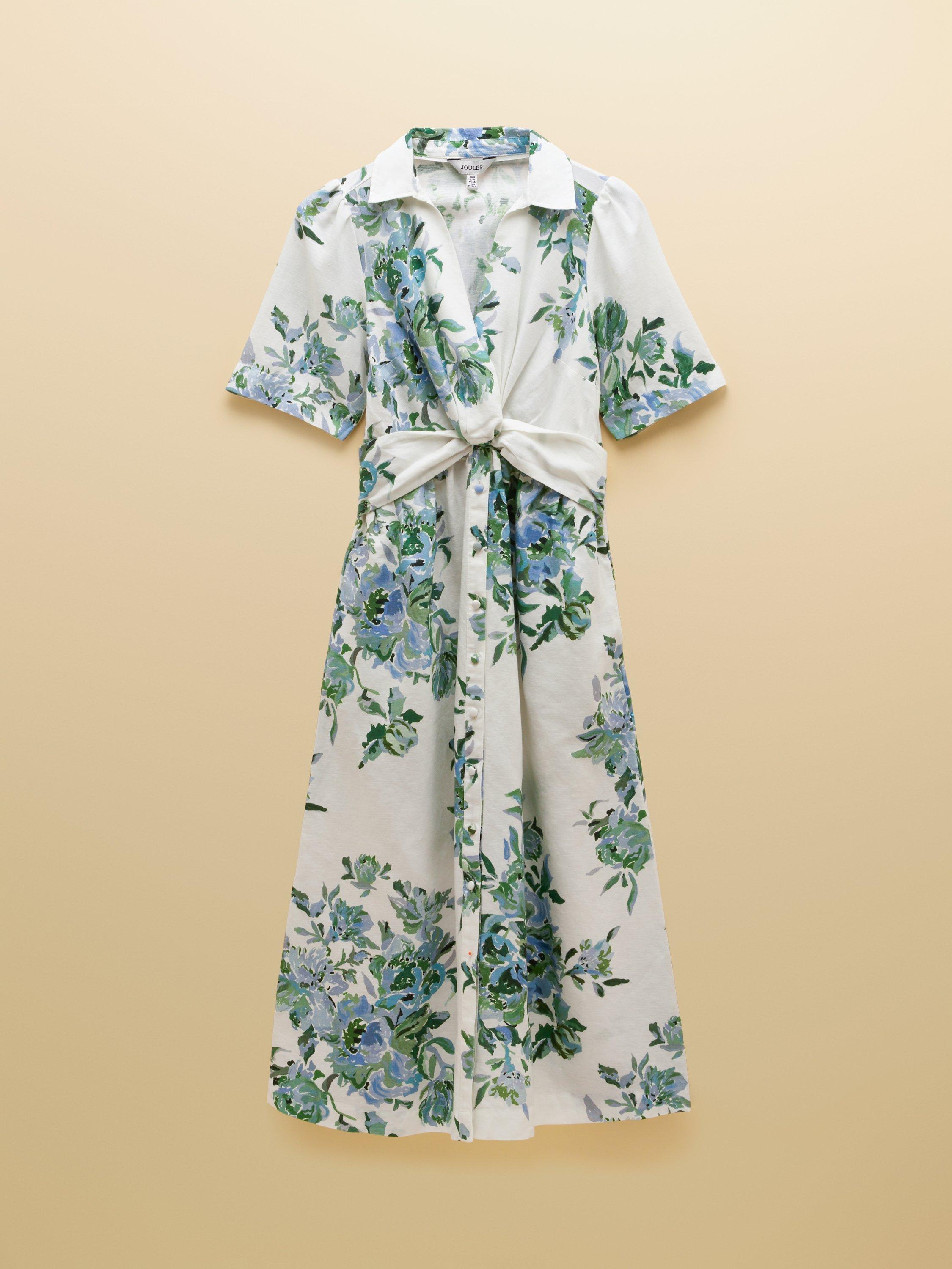 Joules Floral Knit Front Linen Rich Midi Dress, White/Blue