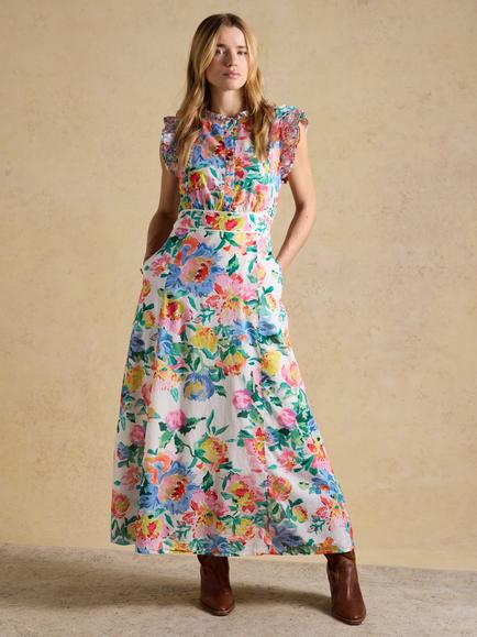 Joules Floral Frill Sleeve Maxi Dress, Multi/White, Multi/White
