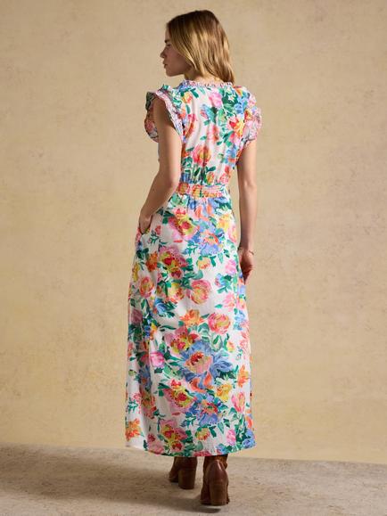 Joules Floral Frill Sleeve Maxi Dress, Multi/White - view 2, Multi/White