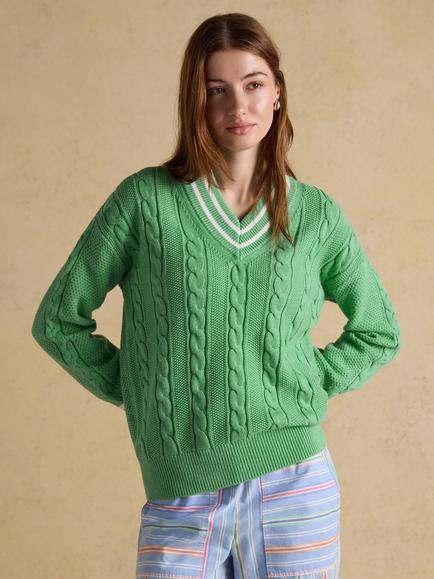 Joules Dibbly Cable Knit Cricket Jumper, Green, Green