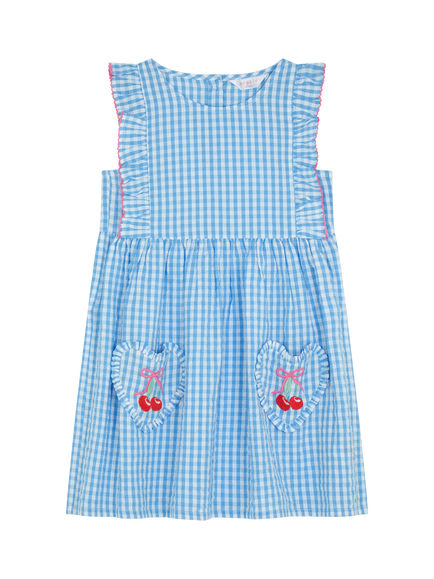 Angels by Accessorize Kids' Sleeveless Gingham Cherry Pocket Dress, Blue, Blue