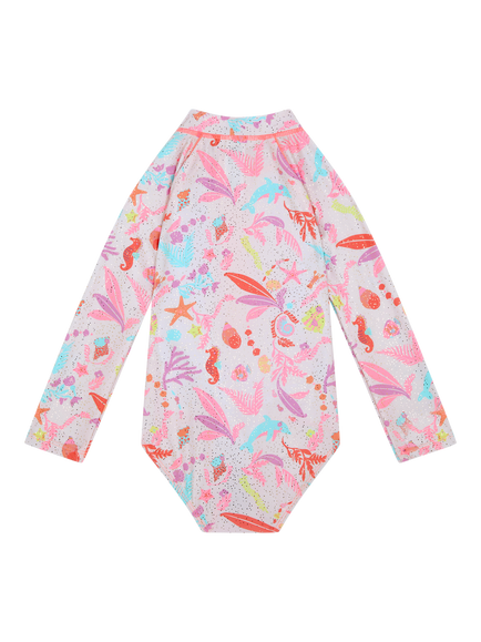 Angels by Accessorize Kids' Sealife Long Sleeve Zip Front Swimsuit, Multi, Multi