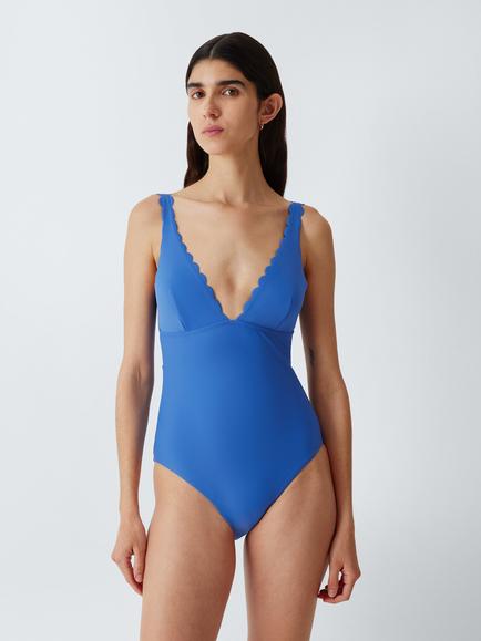 John Lewis Scallop Edge Plunge Swimsuit, Beuacoup Blue, Beuacoup Blue