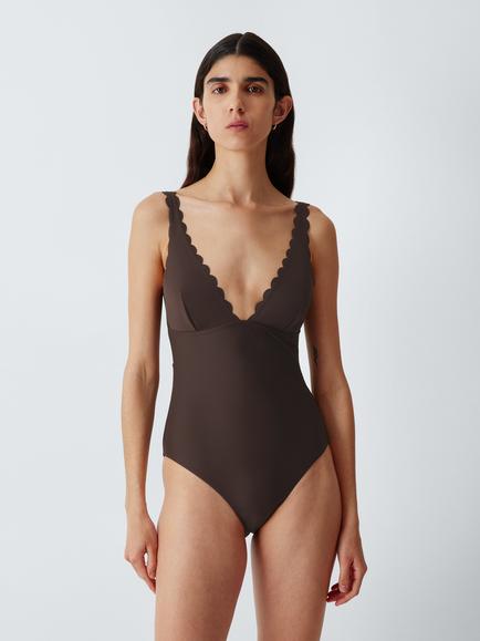 John Lewis Scallop Edge Plunge Swimsuit, Black Coffee, Black Coffee