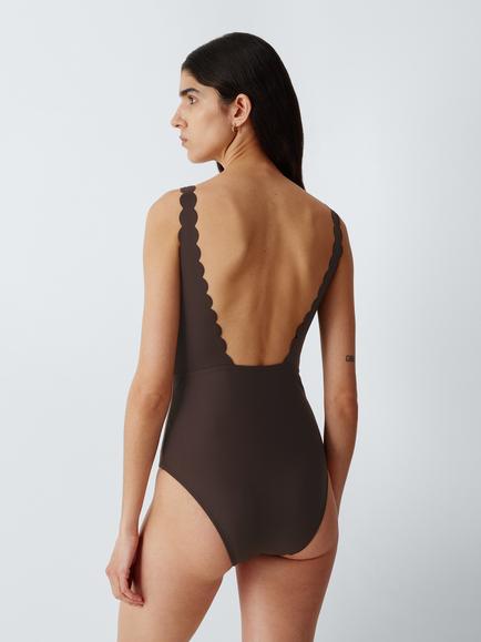 John Lewis Scallop Edge Plunge Swimsuit, Black Coffee - view 2, Black Coffee