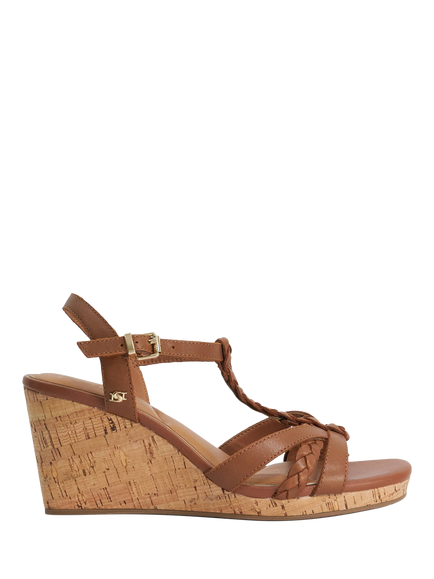 Dune London Karly Wide Fit Leather Cork Wedge Heel Sandals, Tan