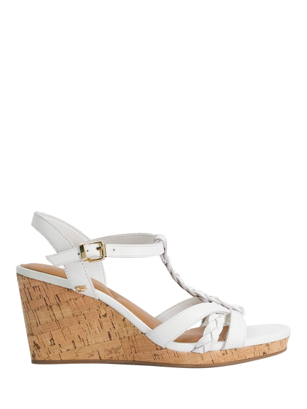 Dune London Karly Wide Fit Leather Cork Wedge Heel Sandals, White