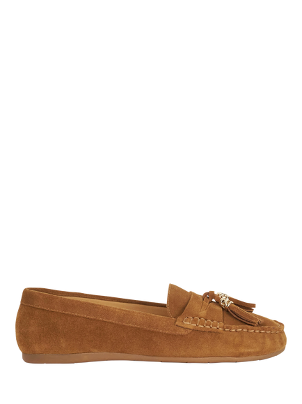 Dune London Geen Wide Fit Tassle Detail Suede Loafers, Dark Tan, Dark Tan