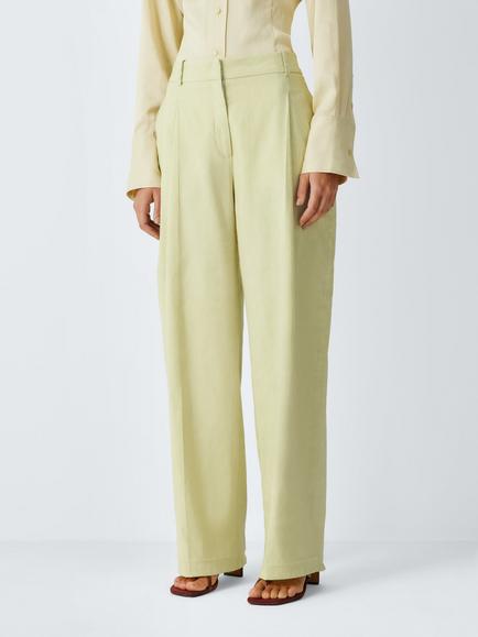 John Lewis x REJINA PYO Wide Leg Linen Rich Pleat Detail Tailored Trousers, Spring Green, Spring Green