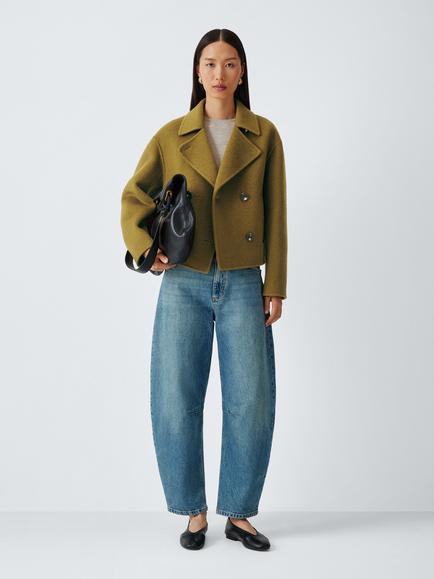 John Lewis Hand Sewn Wool Rich Double Breasted Short Peacoat, Olive