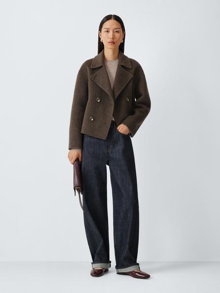 John Lewis Hand Sewn Wool Blend Double Breasted Short Peacoat, Chocolate