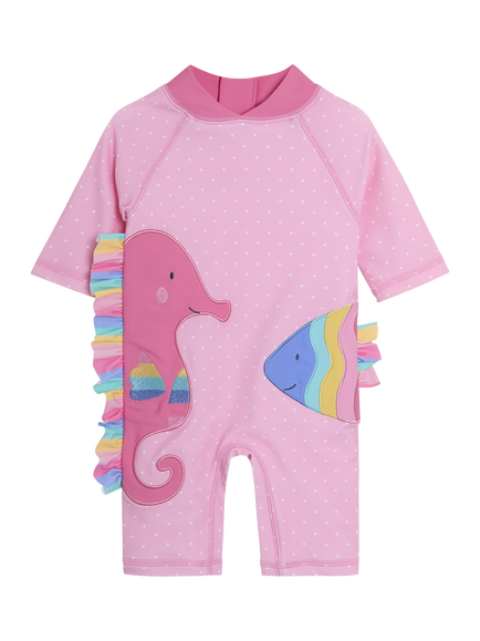 JoJo Maman Bébé Kids' Seahorse Appliqué Sunpro Swimsuit, Pink, Pink