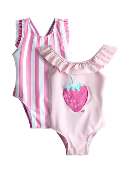 JoJo Maman Bébé Kids' Strawberry Stripe Swimsuit, Pack of 2, Mid Pink, Mid Pink