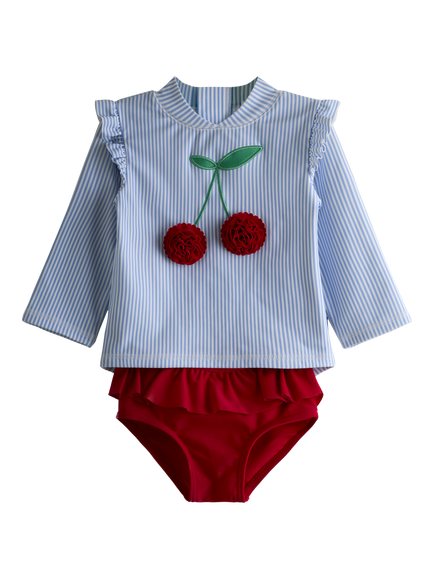JoJo Maman Bébé Kids' Cherry Stripe Rash Vest Set, Bright Blue, Bright Blue