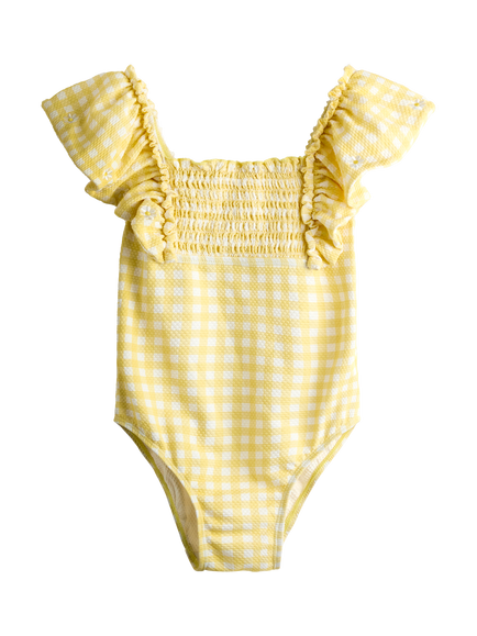 JoJo Maman Bébé Kids' Textured Frill Sleeve Swimsuit, Bright Yellow, Bright Yellow