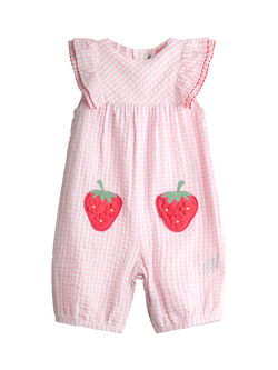 JoJo Maman Bébé Baby Cotton Strawberry Appliqué Pocket Playsuit, Pink, Pink