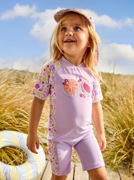 JoJo Maman Bébé Kids' Neon Fruit Short Sleeve Sun Suit, Light Pink/Multi - view 2, Light Pink/Multi