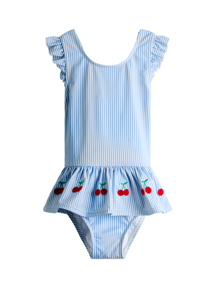 JoJo Maman Bébé Kids' Cherry Stripe Ruffle Swimsuit, Light Blue, Light Blue