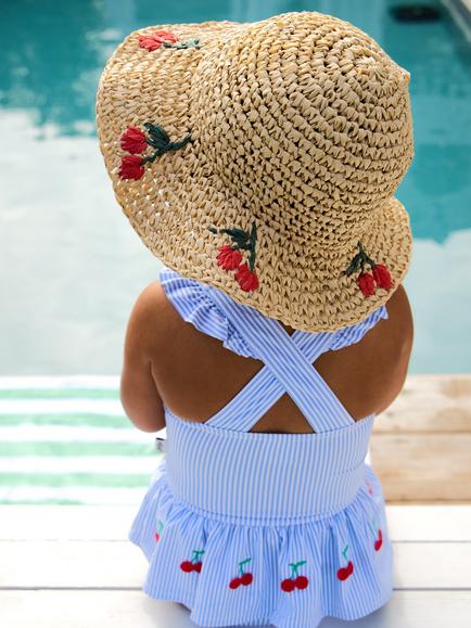 JoJo Maman Bébé Kids' Cherry Stripe Ruffle Swimsuit, Light Blue - view 2, Light Blue