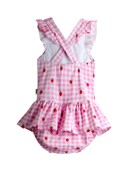 JoJo Maman Bébé Baby Strawberry Gingham Swimsuit, Pink - view 2, Pink